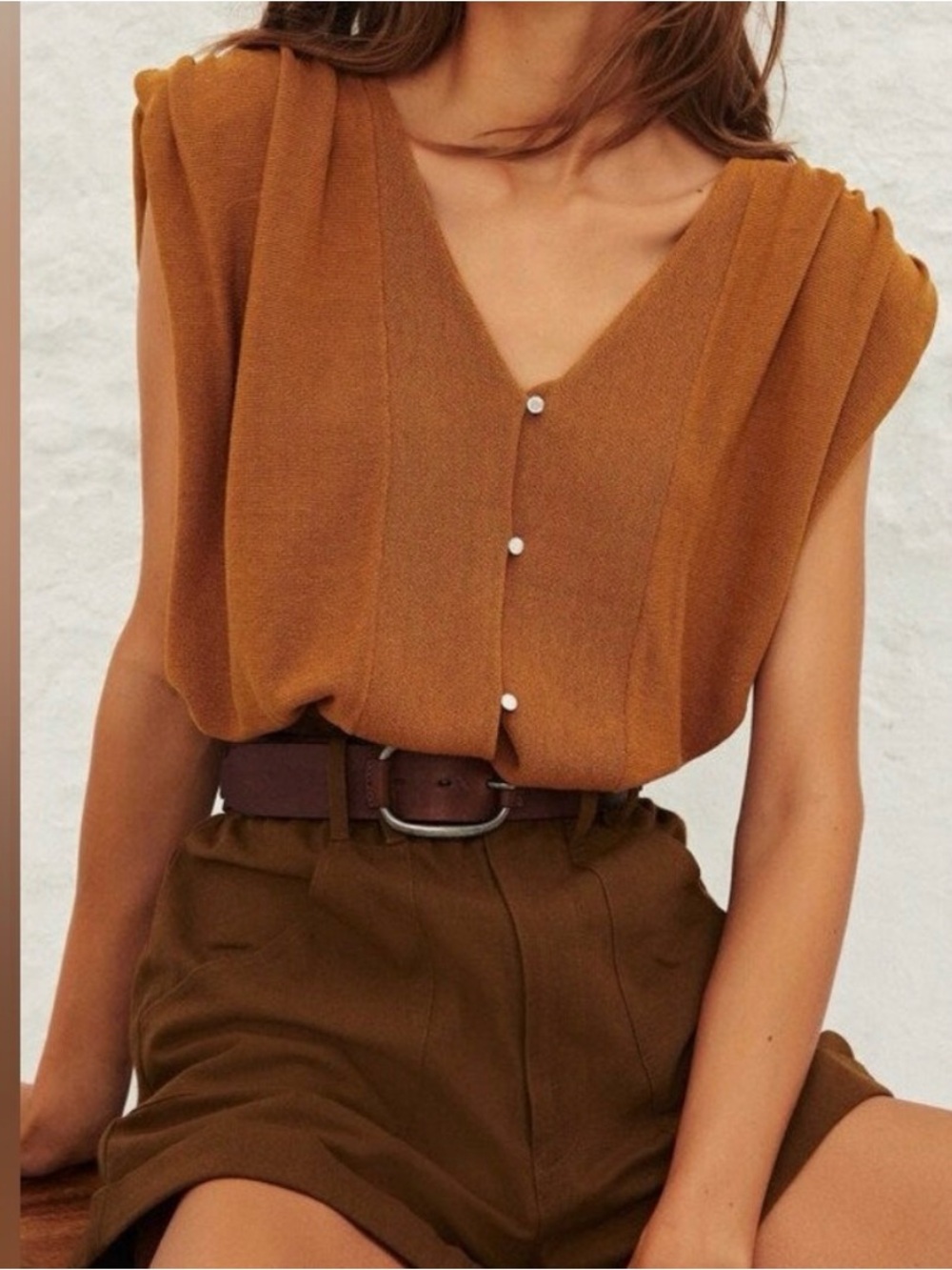 ba&sh Sleeveless V-Neck Knit Top in Camel Brown
